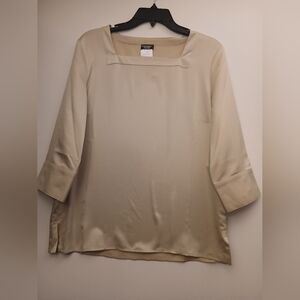 CHANEL Cream/Biege Satin Square-Neck Blouse.Size 40